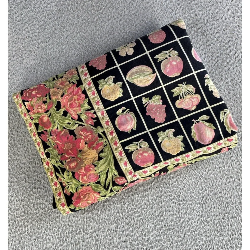 VIntage‎ April Cornell Tablecloth 55x93 Tropical Fruit Floral Black Cotton